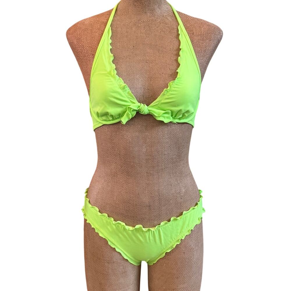 Victoria Secret Halter Top Bikini Bathing Swim Suit Bright Green Ruffle Small